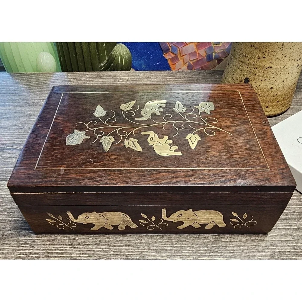 Hand Carved Wooden Rosewood Box with Brass Trunk UP Elephant & Leaf Inlay